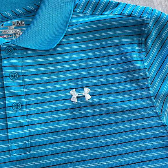 Under Armour Men's XL Blue White Black Striped Loose Fit Heatgear Polo Shirt - Picture 2 of 5